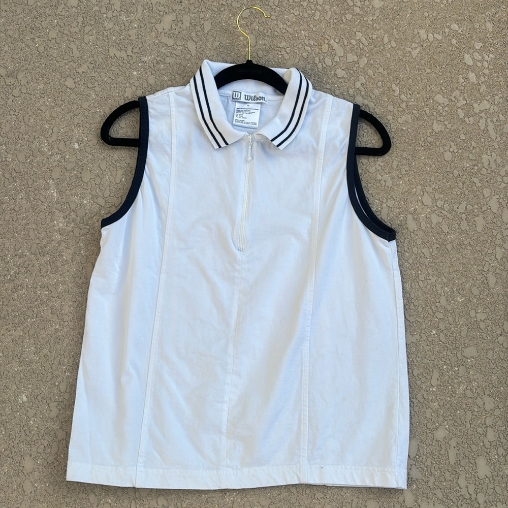 Wilson Tennis Shirt Women’s Size XL Collared White Navy Sleeveless Half Zip